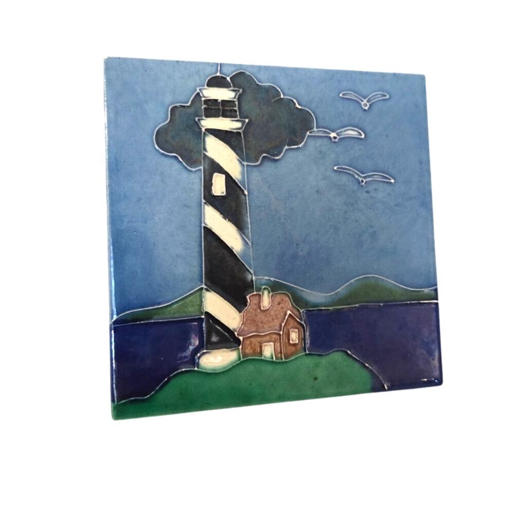 Light House Trivet Black and White Blue Skies Cottage House Ocean Seagull